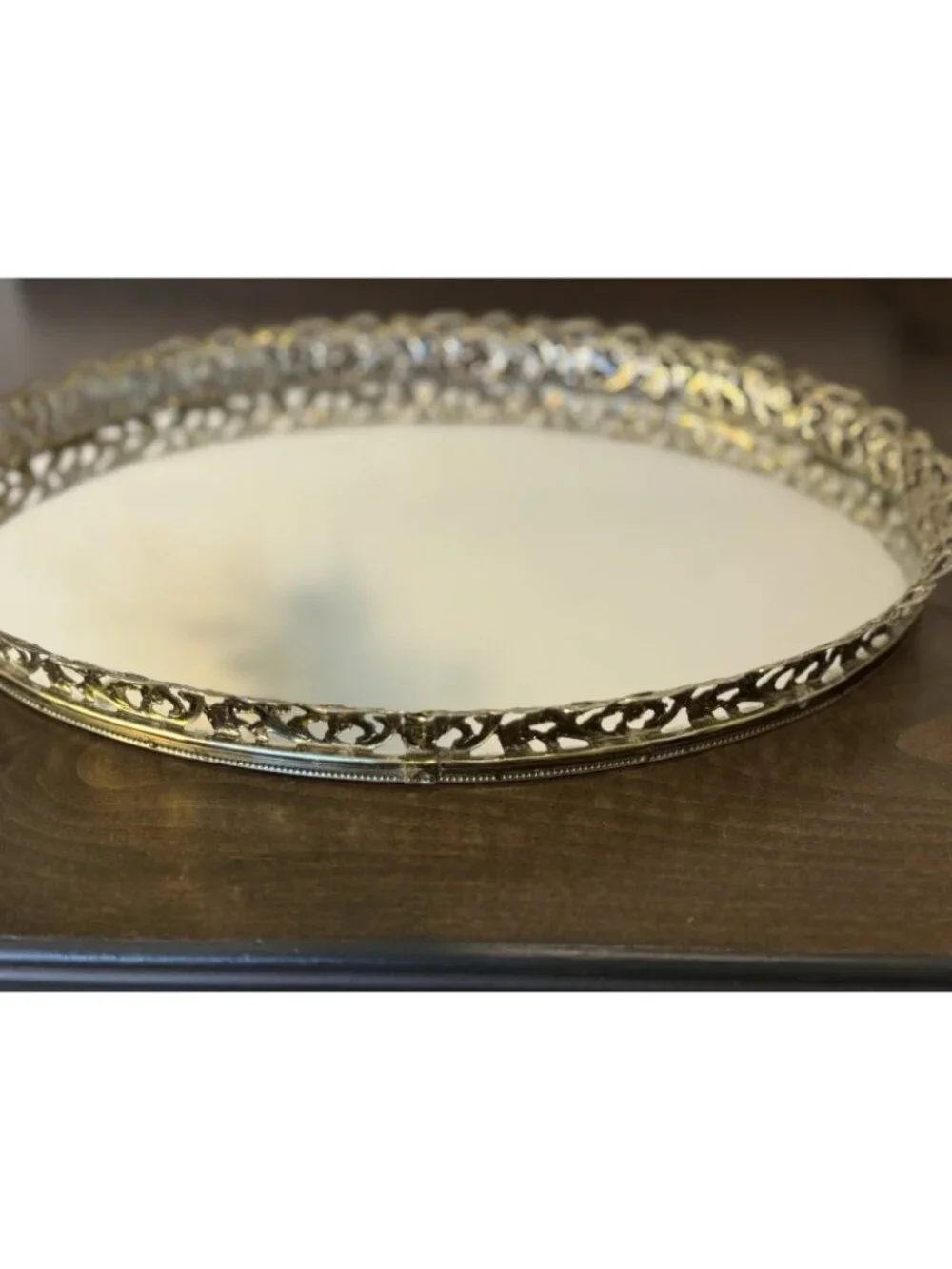 Vintage Oval Gold-tone Filigree Mirrored Vanity Tray Rose Boarder